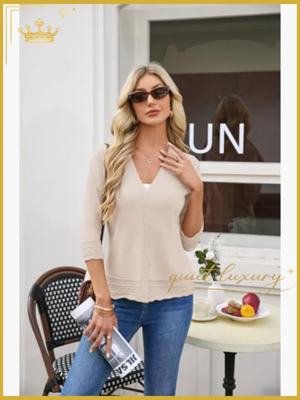 Lightweight 3/4 Sleeve Open Front Button Down Cardigan Sweater - Picture 3 of 7